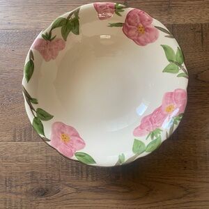 Floral Pink Stoneware Serving Bowl with Green Leaf Accents